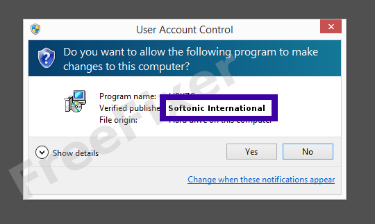 Screenshot where Softonic International appears as the verified publisher in the UAC dialog